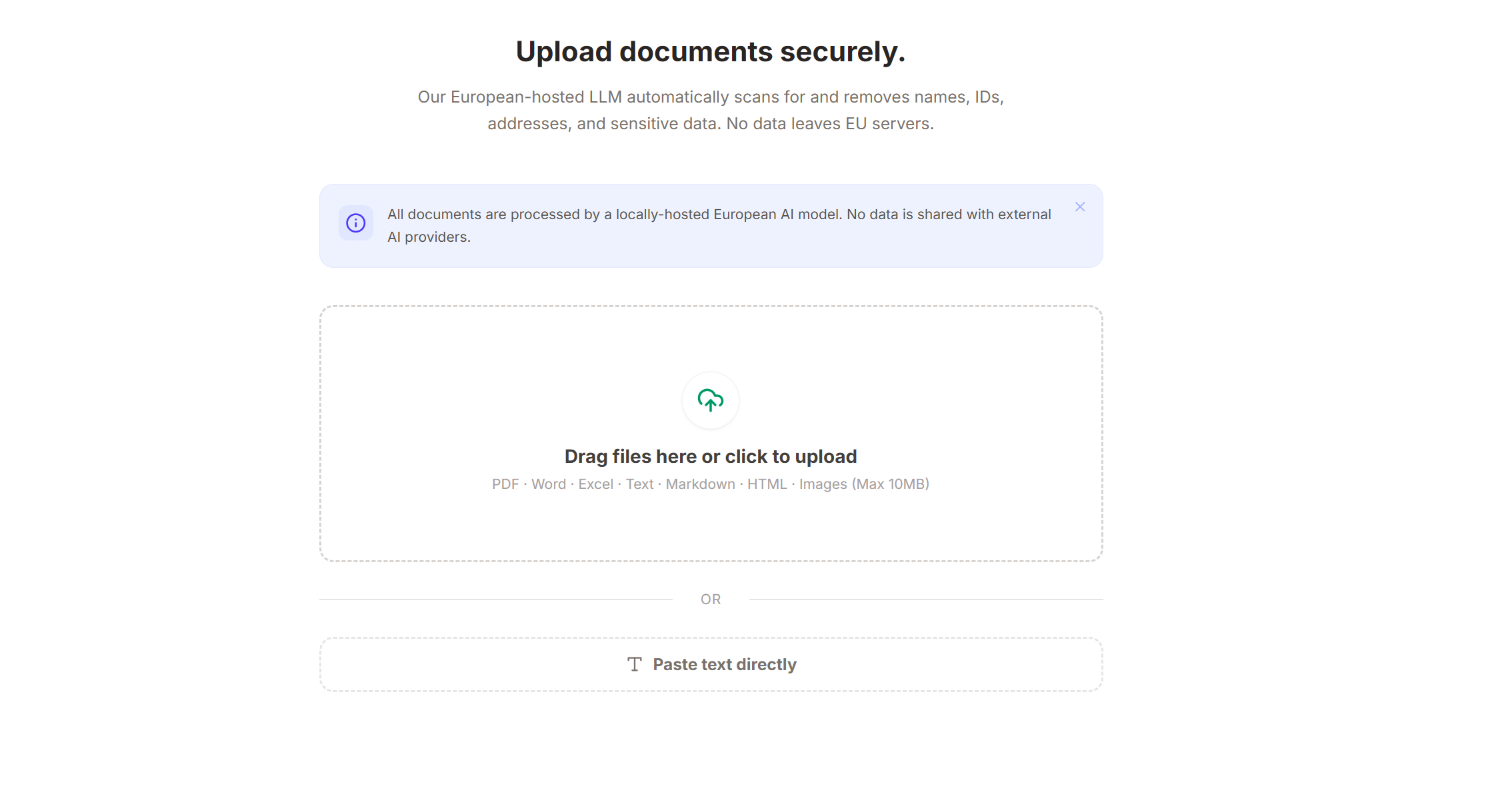 DataCleanFlow secure upload interface showing drag-and-drop file upload supporting PDF, Word, Excel, Text, Markdown, HTML, and images up to 10MB, with a notice that all documents are processed by a locally-hosted European AI model